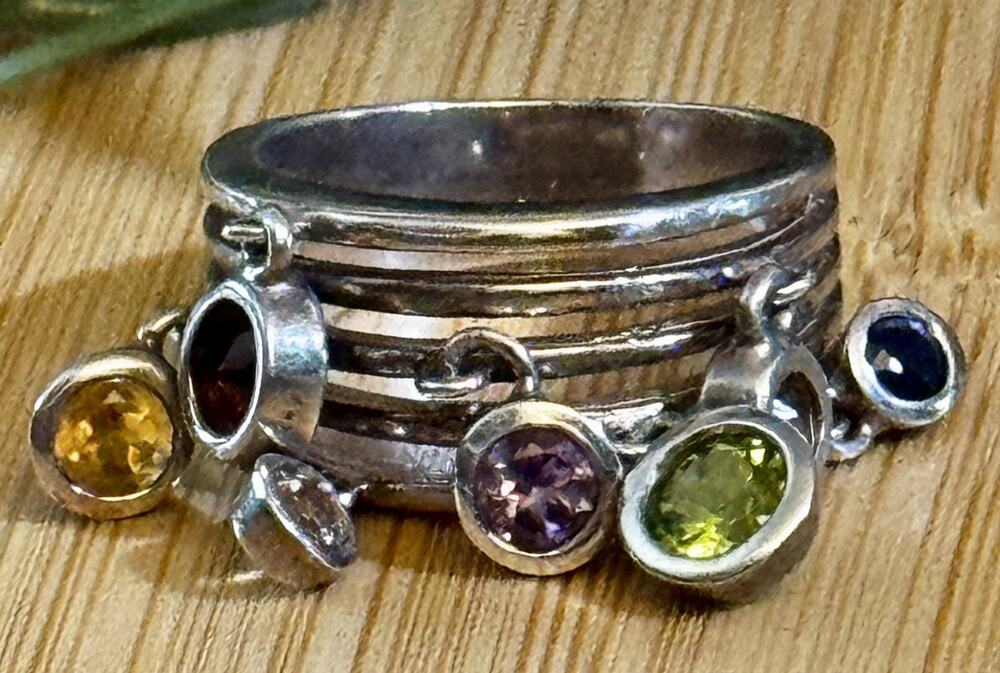Vintage 90s Thai Sterling Silver Gemstone Dangle Ring Sz 8 Peridot Topaz Citrine